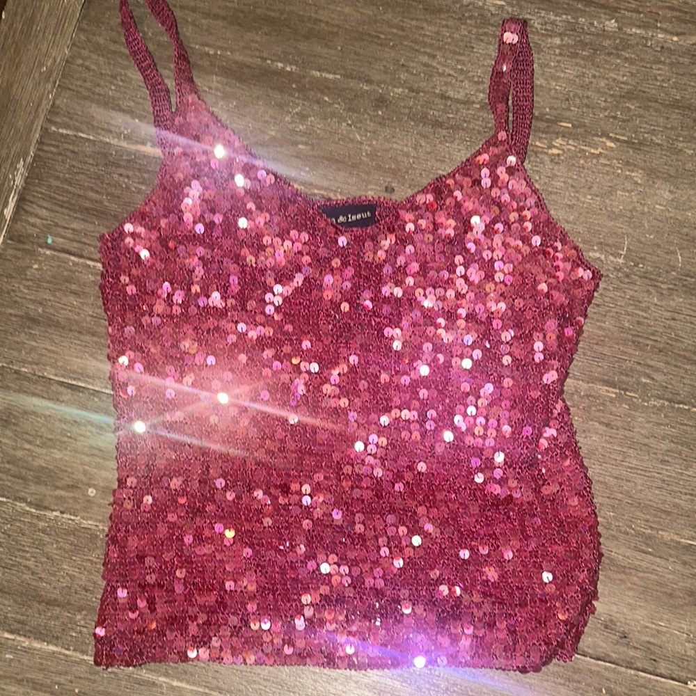 Tristan & Iseut 90s y2k burgundy Sequin crochet Camisole Tank Top M